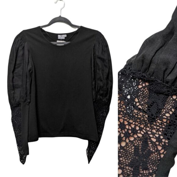 NWT HESS FRACKMANN Linen Crochet Puff Sleeve Top 8 - Picture 2 of 9